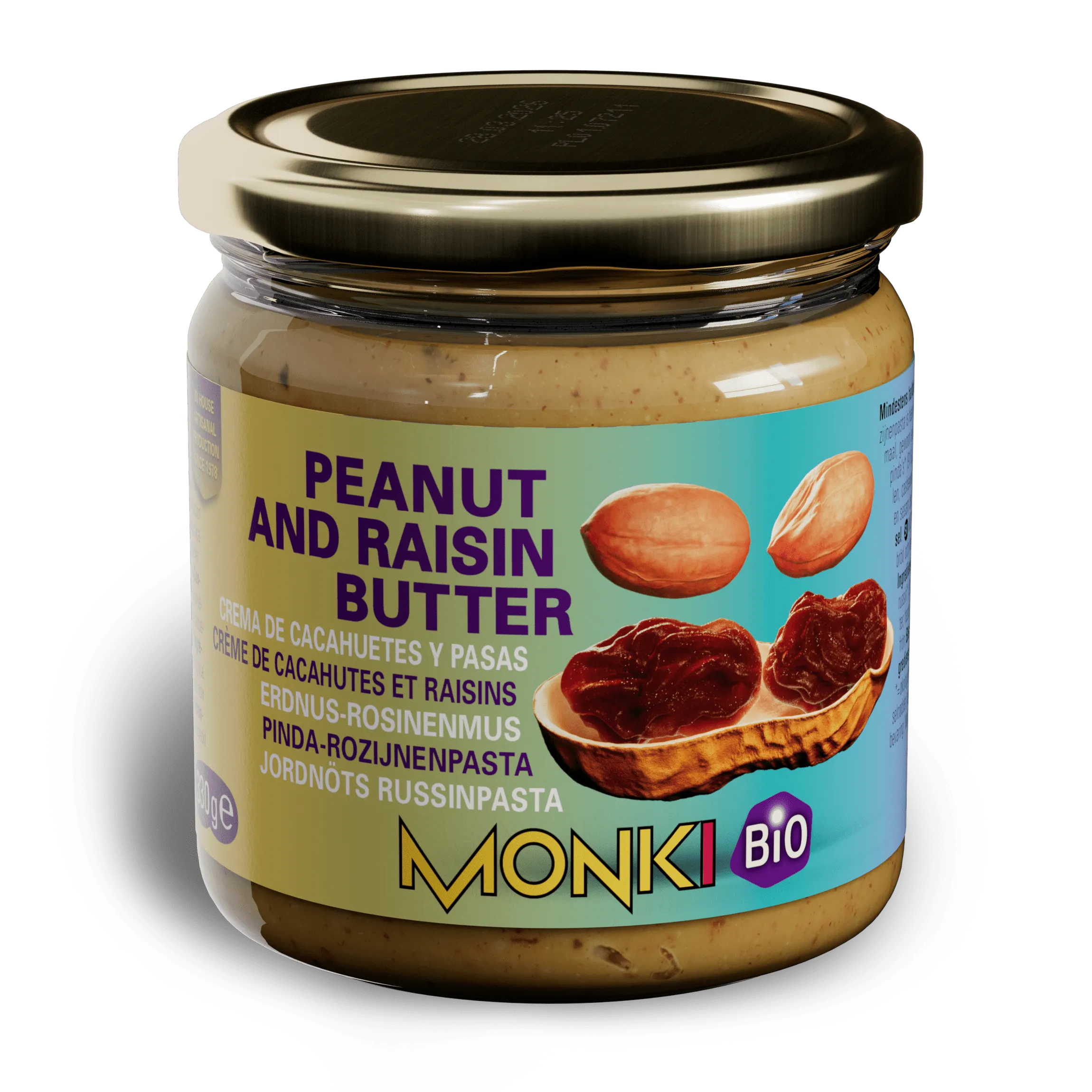 MONKI BIO Peanutbutter with raisins label
