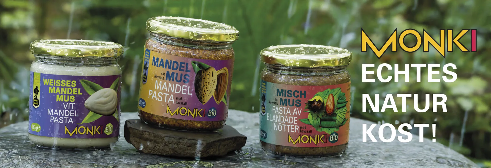Beauty shot of Monki BIO products in the rain